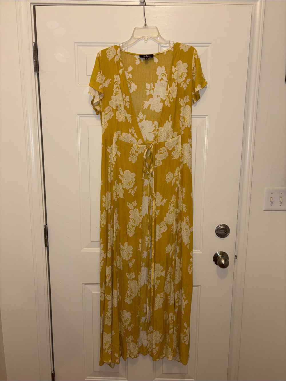 Lulu's Mustard Yellow Floral Wrap Maxi Dress with White Blooms